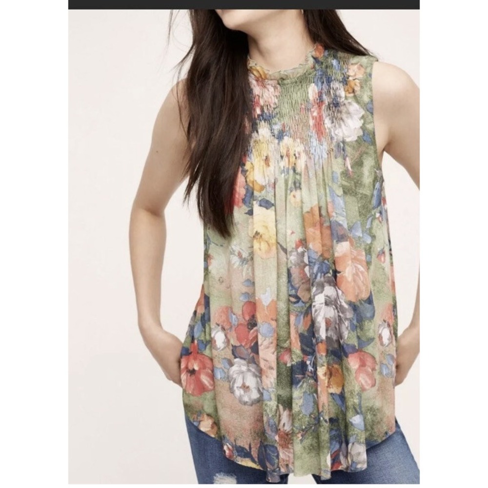 Anthropologie Deletta Floral Swing Mock Neck Epona Top XS Sleeveless Mesh Blouse